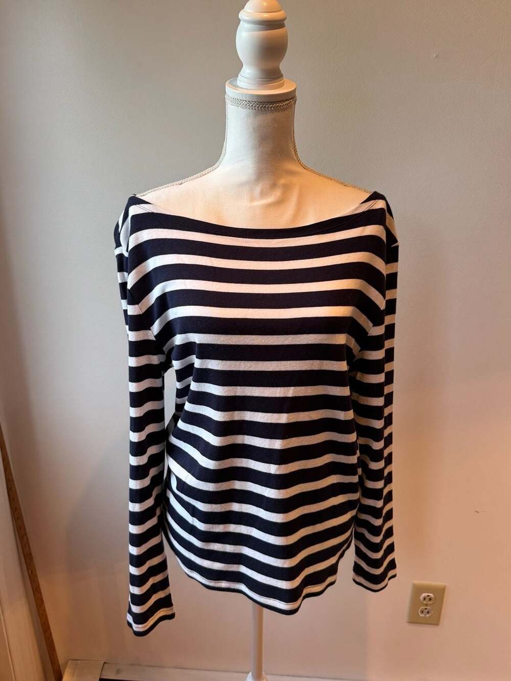 Navy and White Striped Off-the-Shoulder Long Sleeve